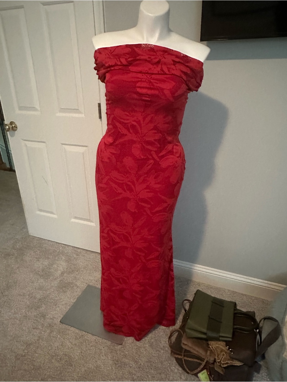 AFRM Red Off-Shoulder Floral Jacquard Gown - Picture 6 of 7